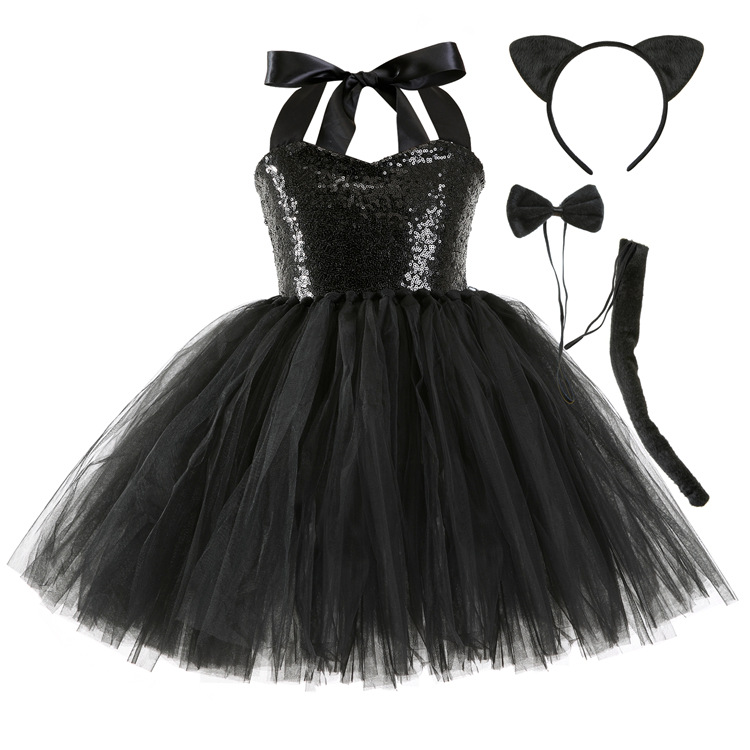 tutu裙套装女童新年服装表演服派对黑色亮片儿童礼服猫咪蓬蓬裙
