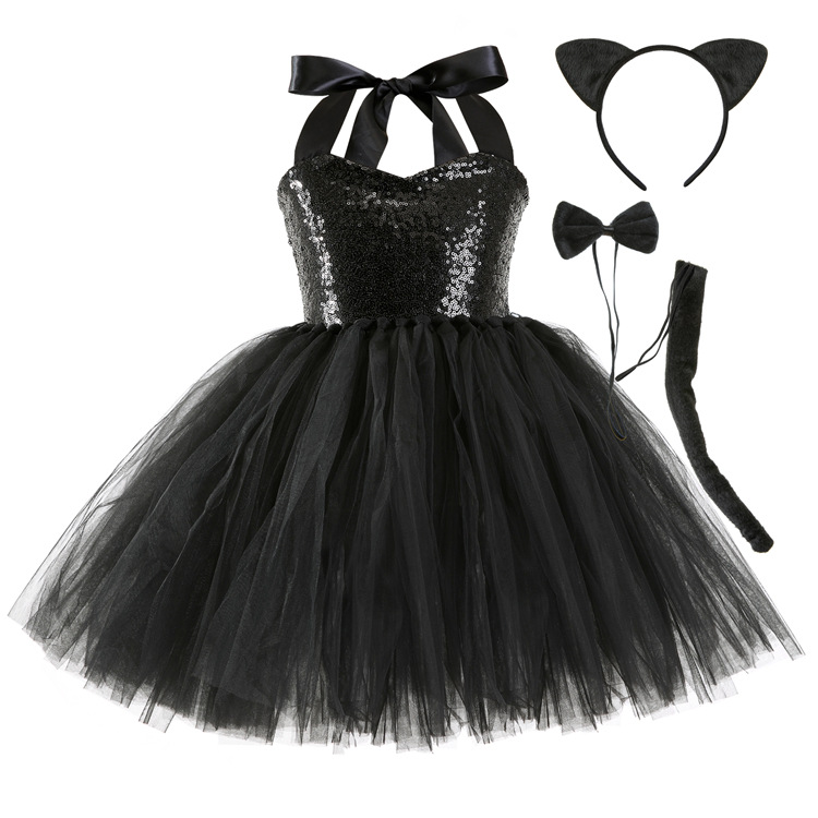 Tutu skirt set for girls' New Year's performance party dress black sequin children's dress cat puffy skirt 