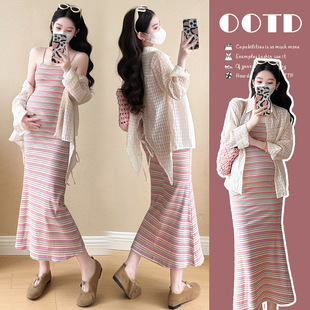 Real shot 2025 spring rainbow knitted sling dress long pregnant women dress