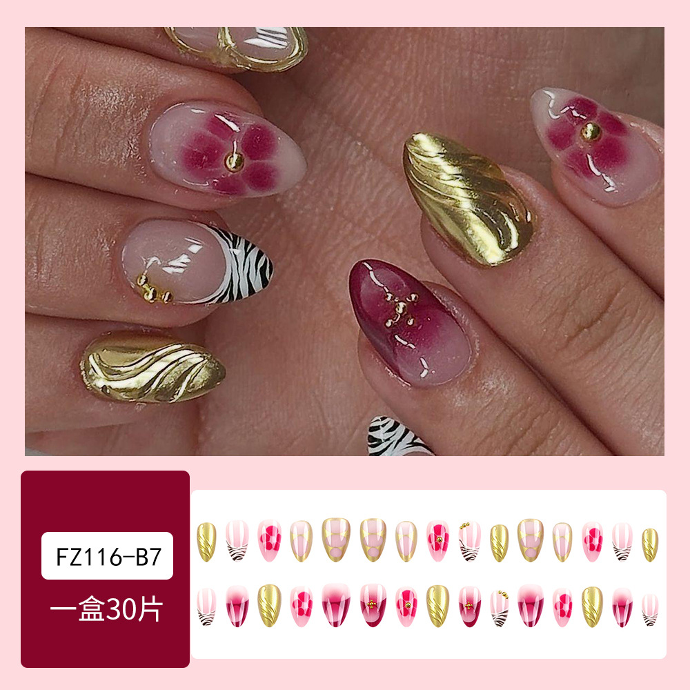 Relieve transfronterizo de diamante de manicura de textura cebra LIP oro de estilo elegante desgaste de uñas de oro rosa gradiente parche de uñas