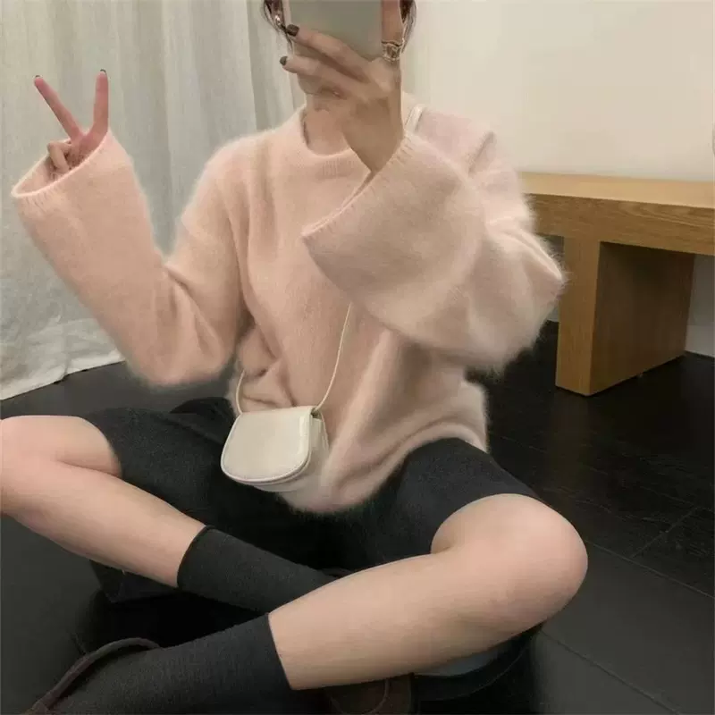 跨境优选秋冬新款纯色软糯仿貂绒套头毛衣女慵懒风宽松休闲针织衫