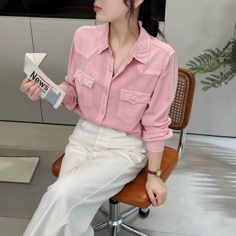 2026 Spring New Style Simple 5-Color Straight Long-Sleeve Denim Shirt Solid Color Base Layer Lyocell Shirt for Women