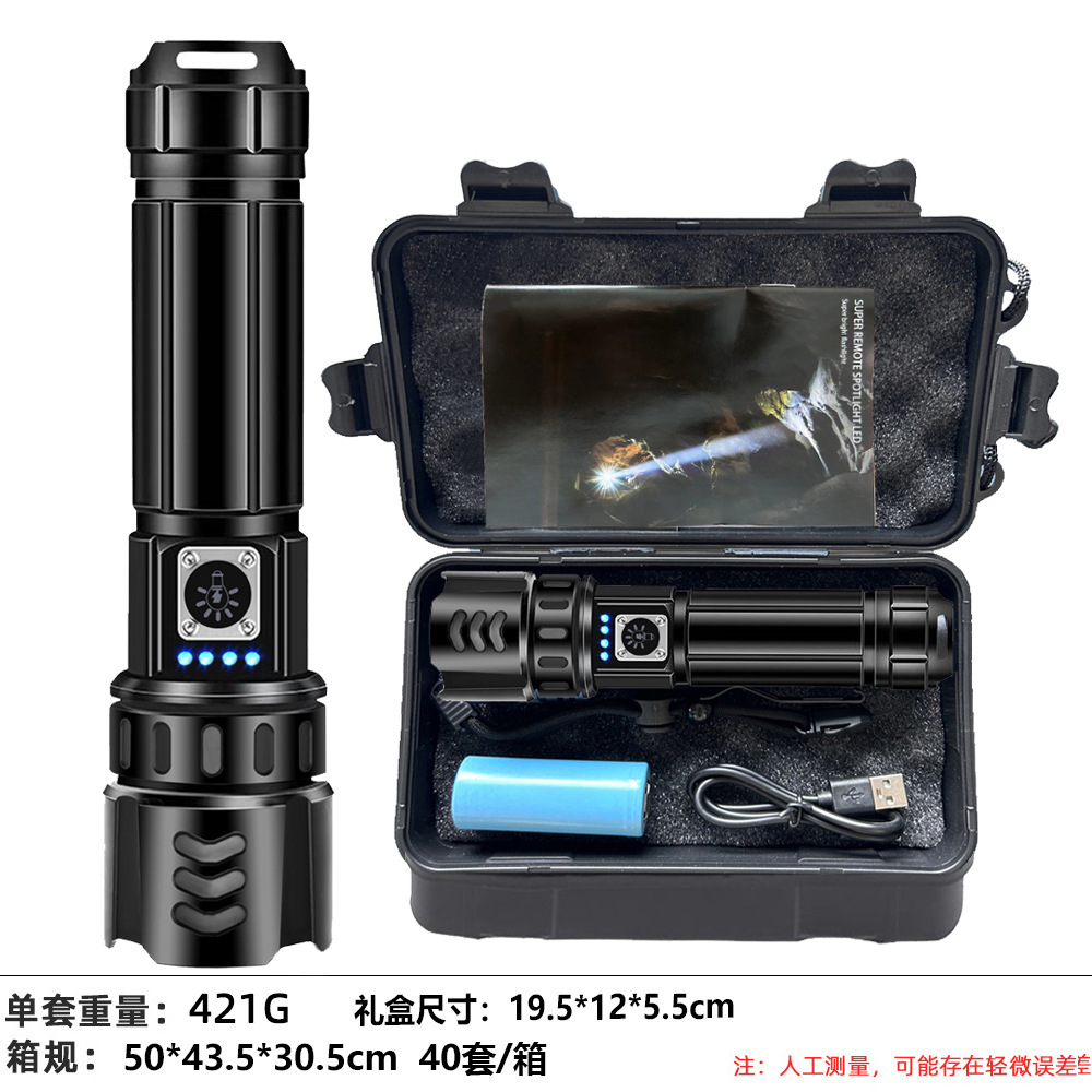 Linterna de luz fuerte de aleación de aluminio explosiva transfronteriza, batería, conveniente para exteriores, linterna de largo alcance con zoom pequeño de emergencia