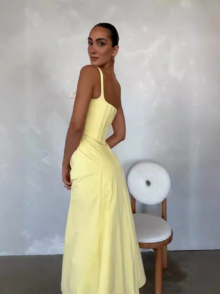 Women's Summer Elegant High-Waisted Dress Two-Piece Set Strapless Top With Slit Casual Fashionable Lanon Thickened Regular Size_ecoleips.com