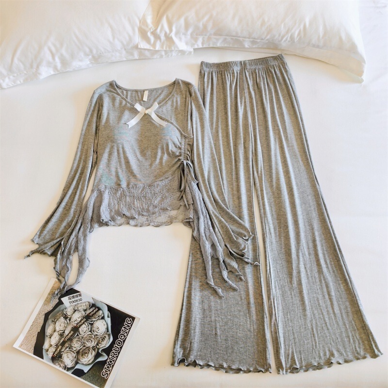 Women's padded modal long-sleeved pajama set, V-neck lace loungewear for spring and autumn, can be worn as outerwear, with a high-end gray finish Women's padded modal long-sleeved pajama set, V-neck lace loungewear for spring and autumn, can be worn as outerwear, with a high-end gray finish