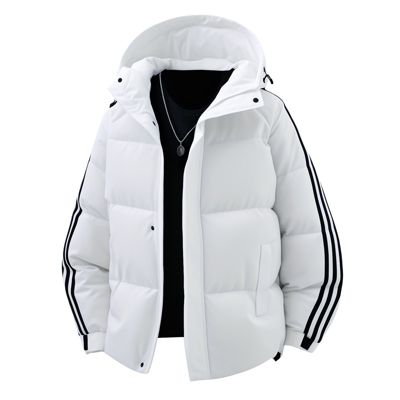 Winter cotton-padded jacket for men, thickened for outdoor warmth, classic three-stripe design, suitable for couples, with a hood
