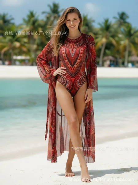 Upanxin Mesh Sun Protection Long-Sleeved Cover-Up Amazon Beach Vacation Printed Bikini Cover-Up