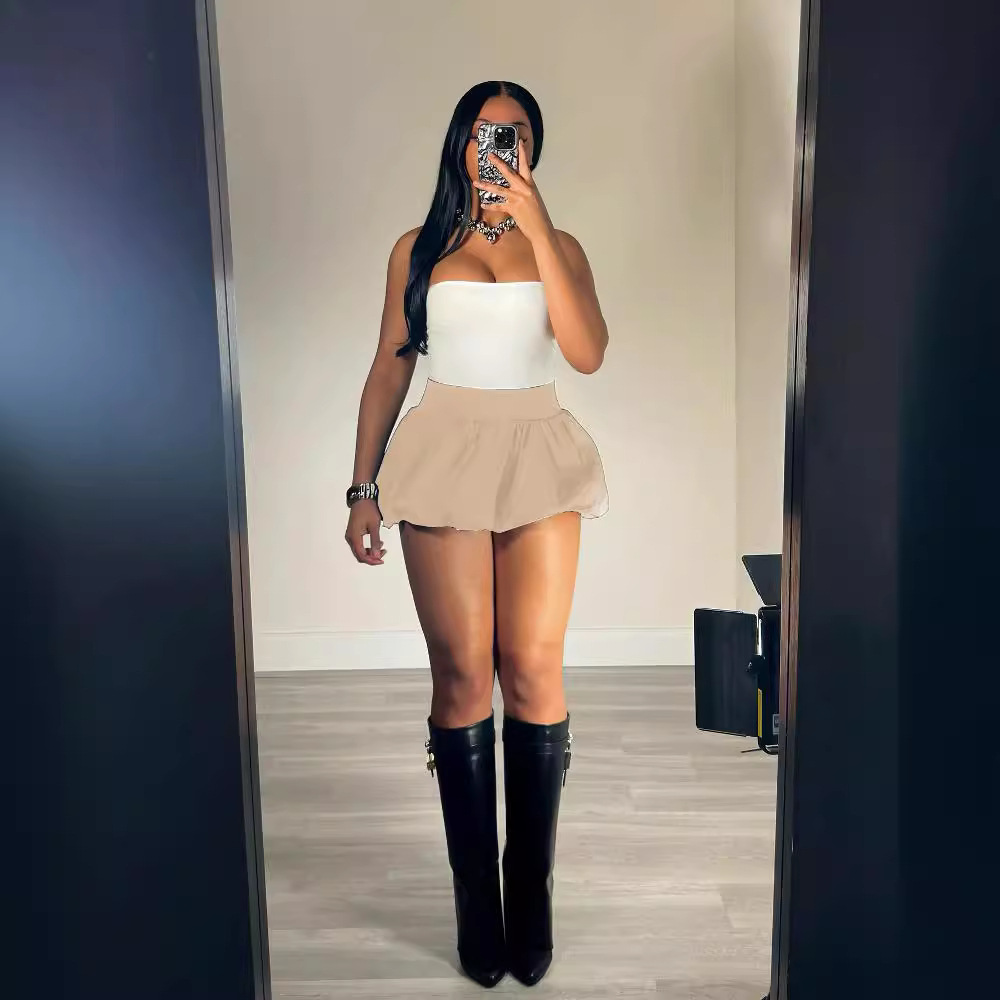 Women's Clothing D10100 style mini pleated skirt Bubble bubble skirt solid color elastic waist super short mini skirt_voghion.com