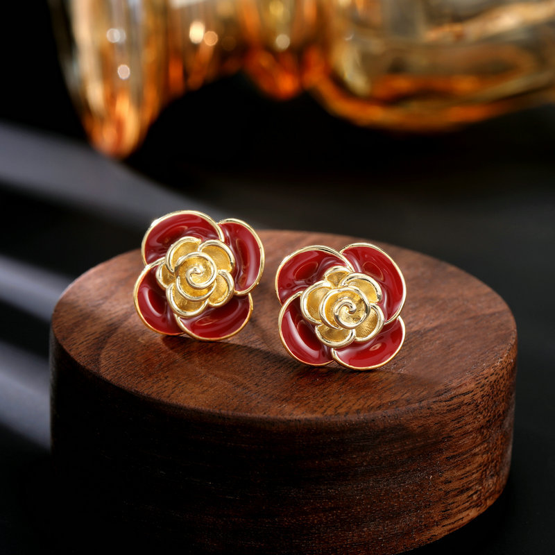 S925 Silver Needle Niche Premium Flower Earrings Ankola Red Camellia Stud Earrings_voghion.com