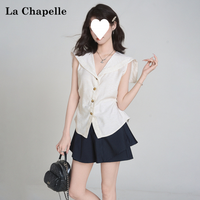 Factory Wholesale [Original Version] Navy Collar Single-Breasted Sleeveless Elegant Shirt in College Style for Women in Summer