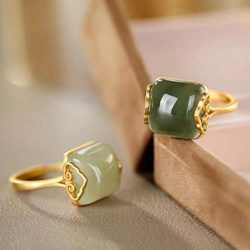 Elegant genuine design retro ethnic one size ring jade