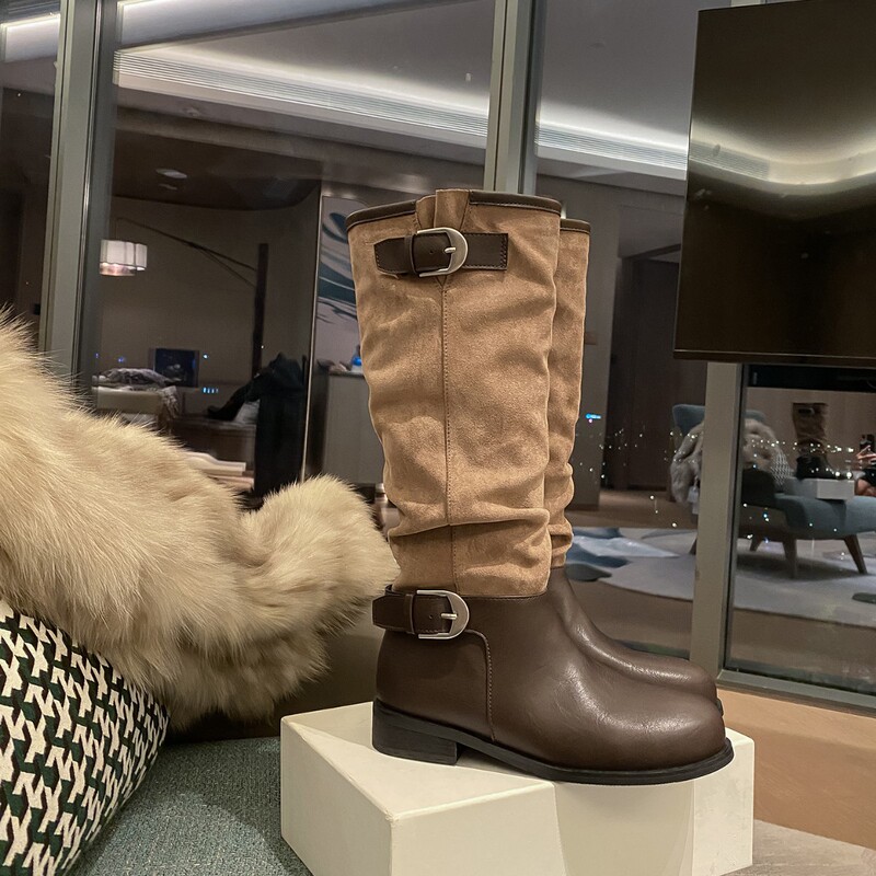 Same Style as Ma Si Chun ~ 4cm Height Increase Fashionable Buckle Round Toe Spliced Thick Heel Knight Boots Women's Short Boots Same Style as Ma Si Chun ~ 4cm Height Increase Fashionable Buckle Round Toe Spliced Thick Heel Knight Boots Women's Short Boots
