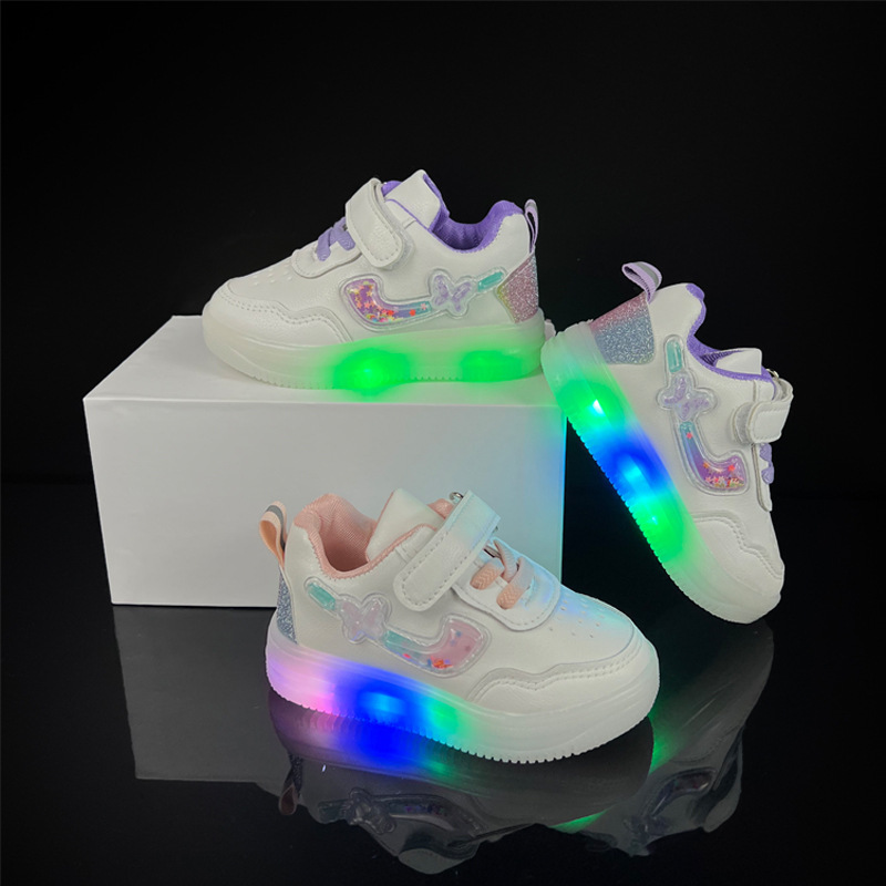 Children's board shoes spring and autumn new girls' single shoes baby learning to walk white shoes casual light-up anti-slip soft bottom shoes