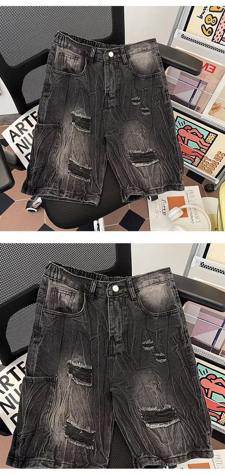 Men's Trendy Distressed Denim Shorts Summer Loose Fitting Washed Five Quarter Length Pants Street Style Trousers_mkmklike.com