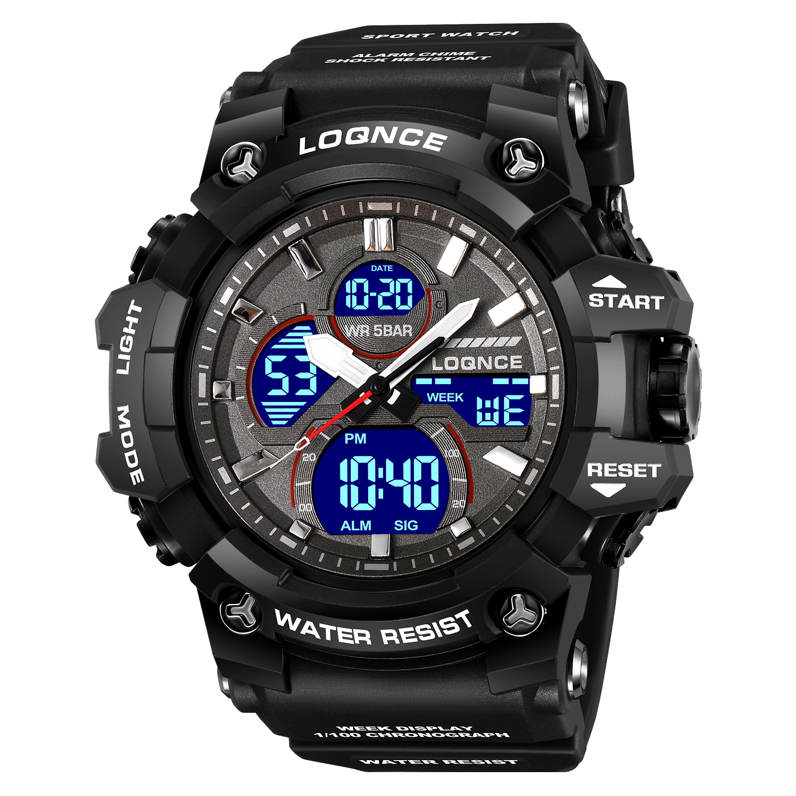 LOQNCE gran dial reloj deportivo nocturno electrónico multifunción cronógrafo cinta adhesiva reloj de pulsera 98007