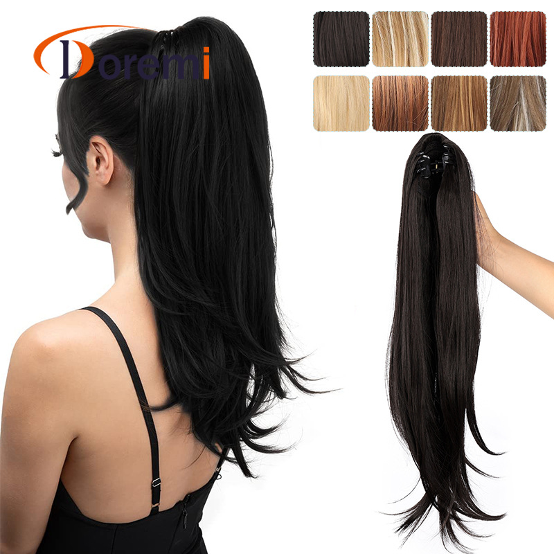 Petite perruque micro-bouclée mi-longue à clip, queue de cheval haute, extensions de cheveux naturels sans couture, augmente le volume des cheveux, 61 cm, 140 g_voghion.com