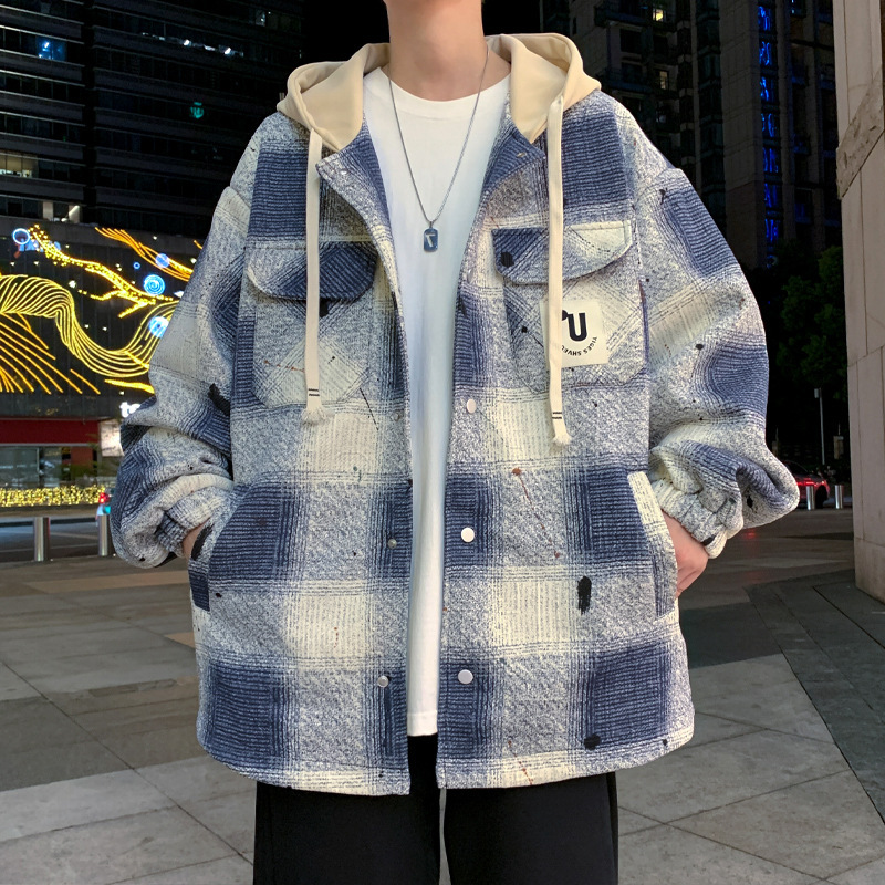 外贸男装春秋季工装夹克美式潮流拼色格子外套男宽松休闲连帽秋装|undefined