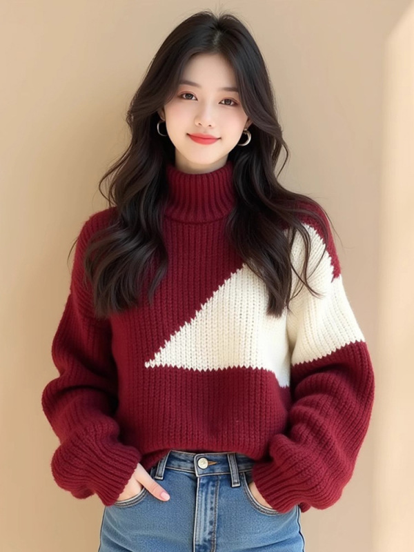 红白撞色加厚高领毛衣女冬季2025新款蛇年本命年新年战袍圣诞上衣|undefined