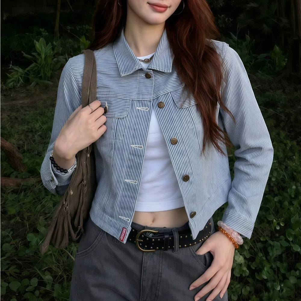 American retro striped denim jacket for women, early autumn, short, slim fit, lapel cardigan, loose fit, elegant, off-the-shoulder jacket.