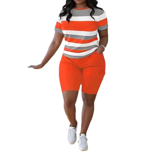 US/UK Large Women's T-Shirt Set Striped Hooded Short-Sleeve Letter 3D Print Shorts Set