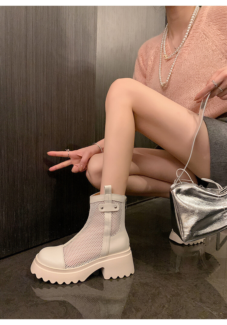 Boot nữ cổ cao đế dày gót bánh xốp da bò lưới thoáng khí xuân hè 2024 — Màu đen, Màu trắng be chi tiết 25