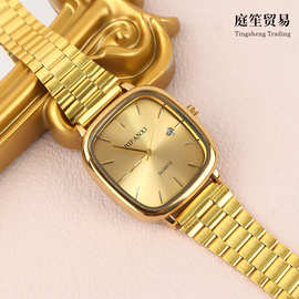 中性风机械表手表复古金色小方表高级感男女通勤腕表金砖石英表