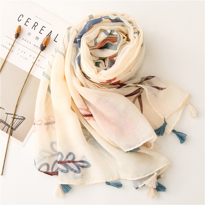 Retro Plain Beige Bottom Small Flower Tassels Thin Gauze Scarf display picture 5