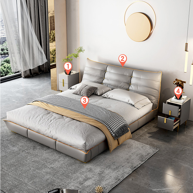 Luz de lujo cama de cuero genuino dormitorio principal italiano minimalista de alta gama elegante cama de boda simple Caterpillar cama doble 1,8 m muebles