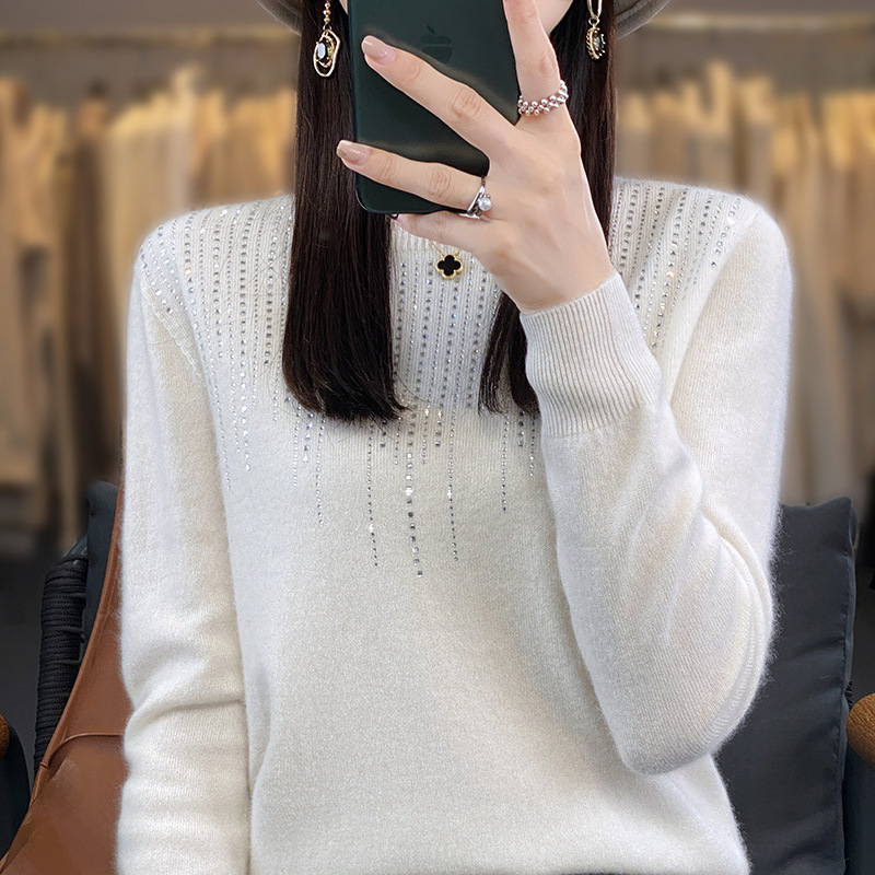 Ropa de primera línea sin costuras 2023 otoño e invierno nuevas mujeres cuello redondo Jersey de manga larga con lentejuelas camisa de fondo de punto Andy Velvet