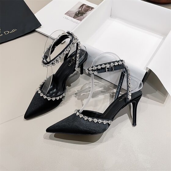 Pink Rhinestone High Heels Women's French Style New Cyber Celebrity Pointed Toe Cross Strap Celebrity Princess Style One-Shoe Sandals