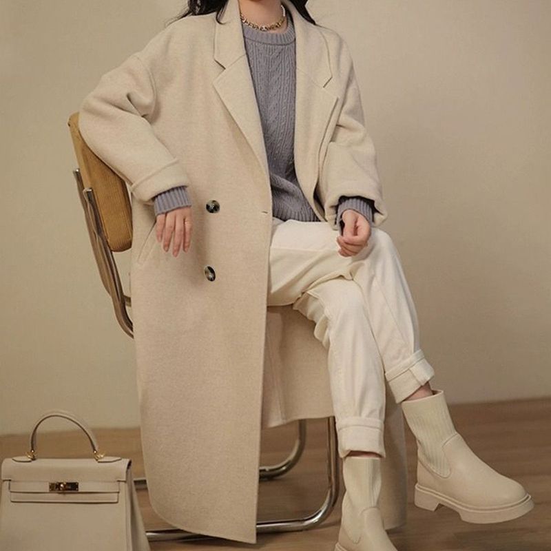韩系长款外套女新款加厚毛呢大衣外套小个子显瘦2025秋冬季纯色|undefined