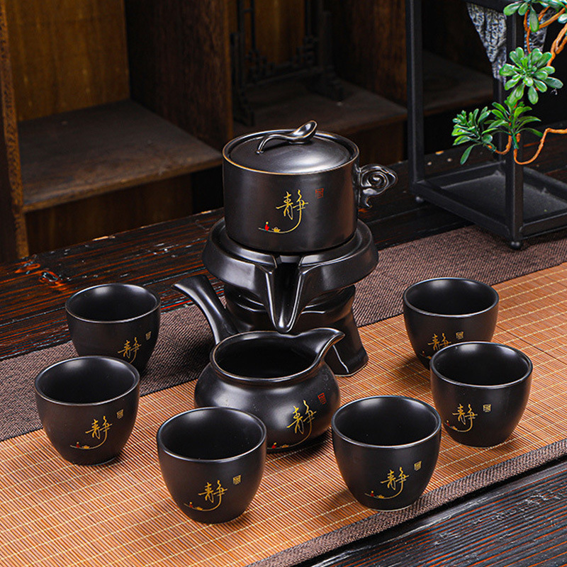 Turn of Fortune Ceramic Azure Semi-Automatic Tea Set Lazy Stone Grinder Heat-Resistant Rotating Water Outlet High-End Gift