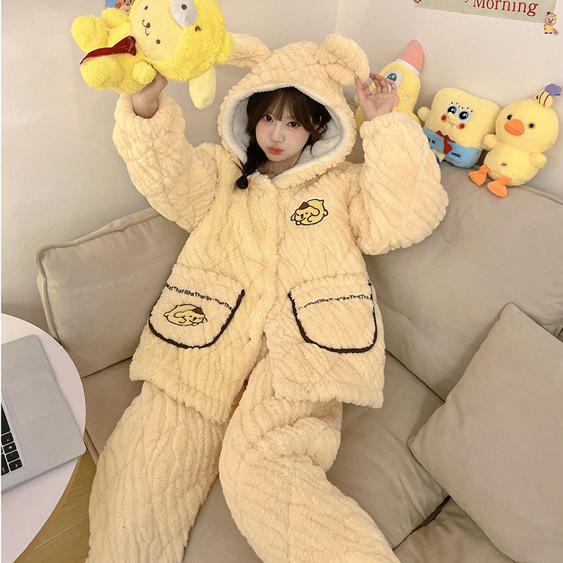 새로운 겨울 잠옷 여성용 3 층 면 패딩 재킷 두꺼운 면 잠옷 따뜻한 산호 양털 홈 의류 세트