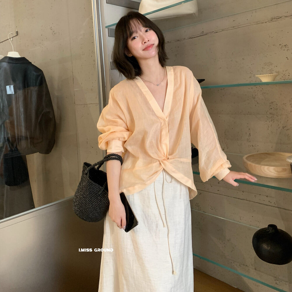 Áo sơ mi nữ dài tay cổ V chất liệu ramie thoáng mát, thiết kế nút thắt phía trước, form rộng — Xanh nước biển, màu hồng, màu cam