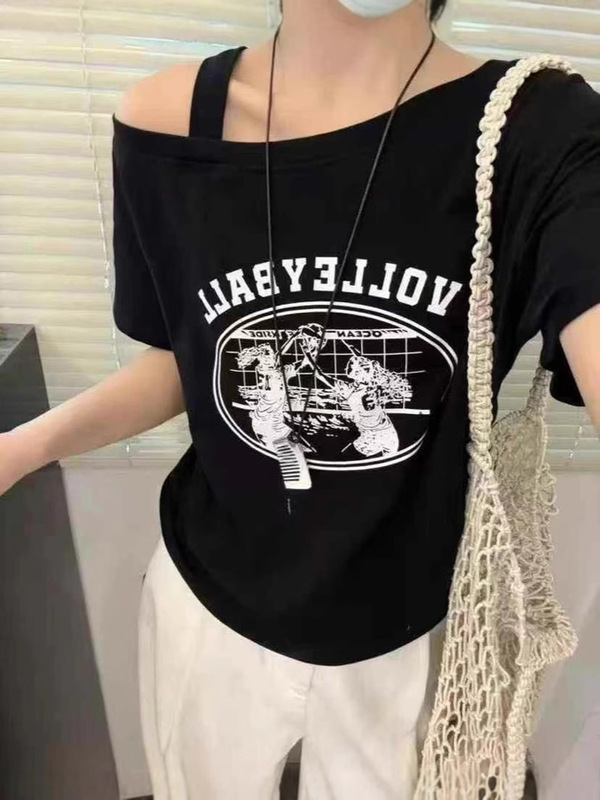 【綿92・スパンデックス8】オフショルダー半袖スリムフィットショートプリントTシャツレディース万能ボトムスシャツ|undefined