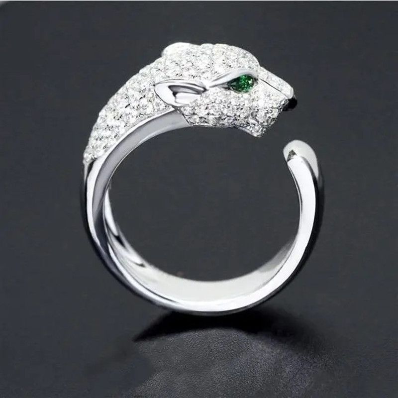New European and American domineering light luxury fashion men's leopard head ring silver plated micro inlaid zircon open ring cross-border wholesale