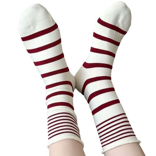 【】Socks for Girls Summer Striped Thin Breathable Sports Socks, Crew Socks with Turned-Down Edge