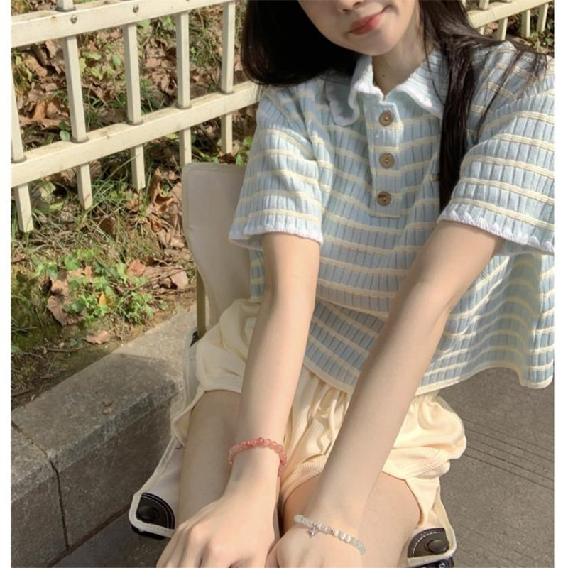 POLO领条纹短袖针织T恤女夏季2024新款设计感小众韩系甜美上衣服