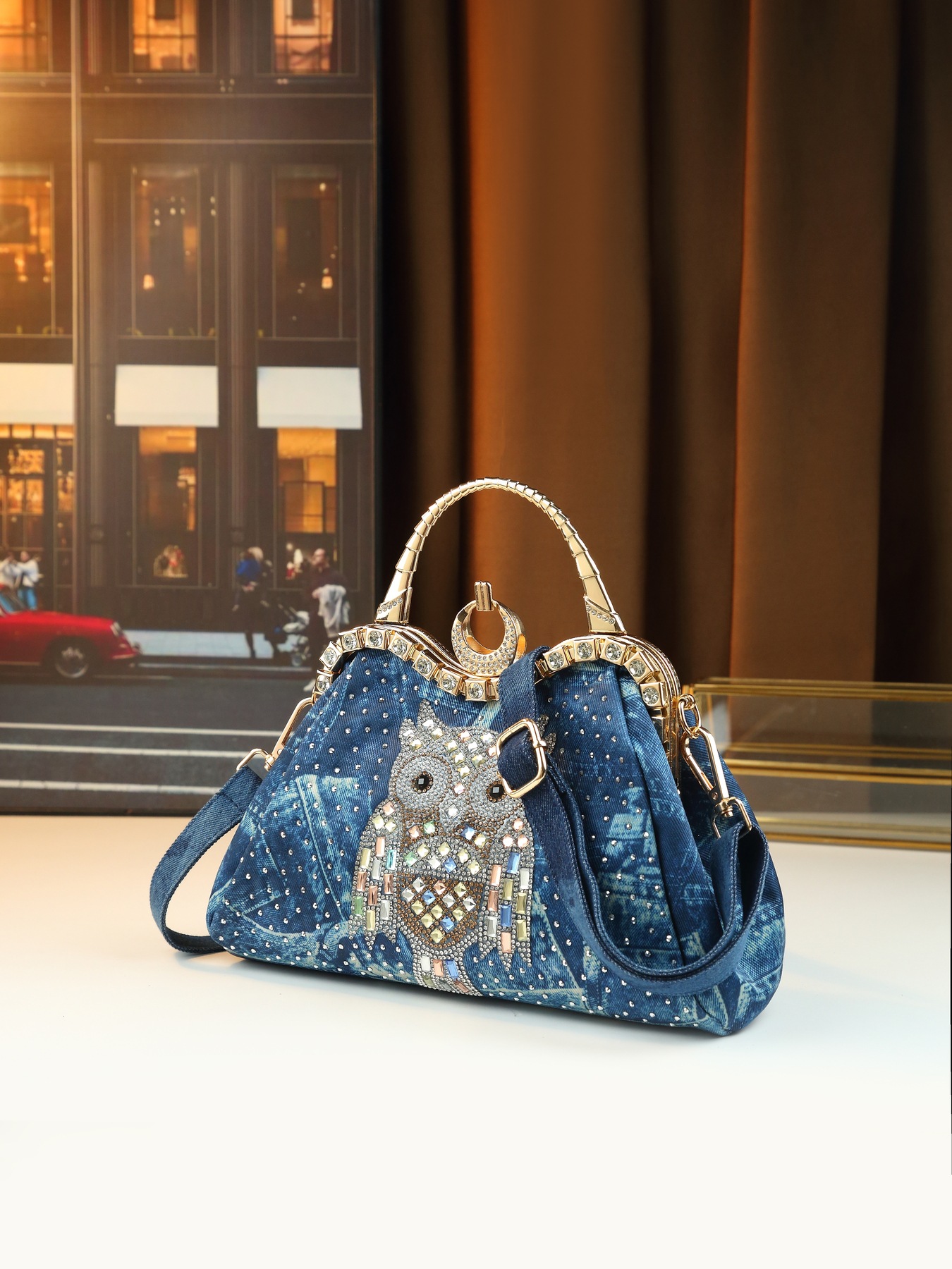 Borsa a tracolla elegante da donna in jeans con strass gufo_voghion.com