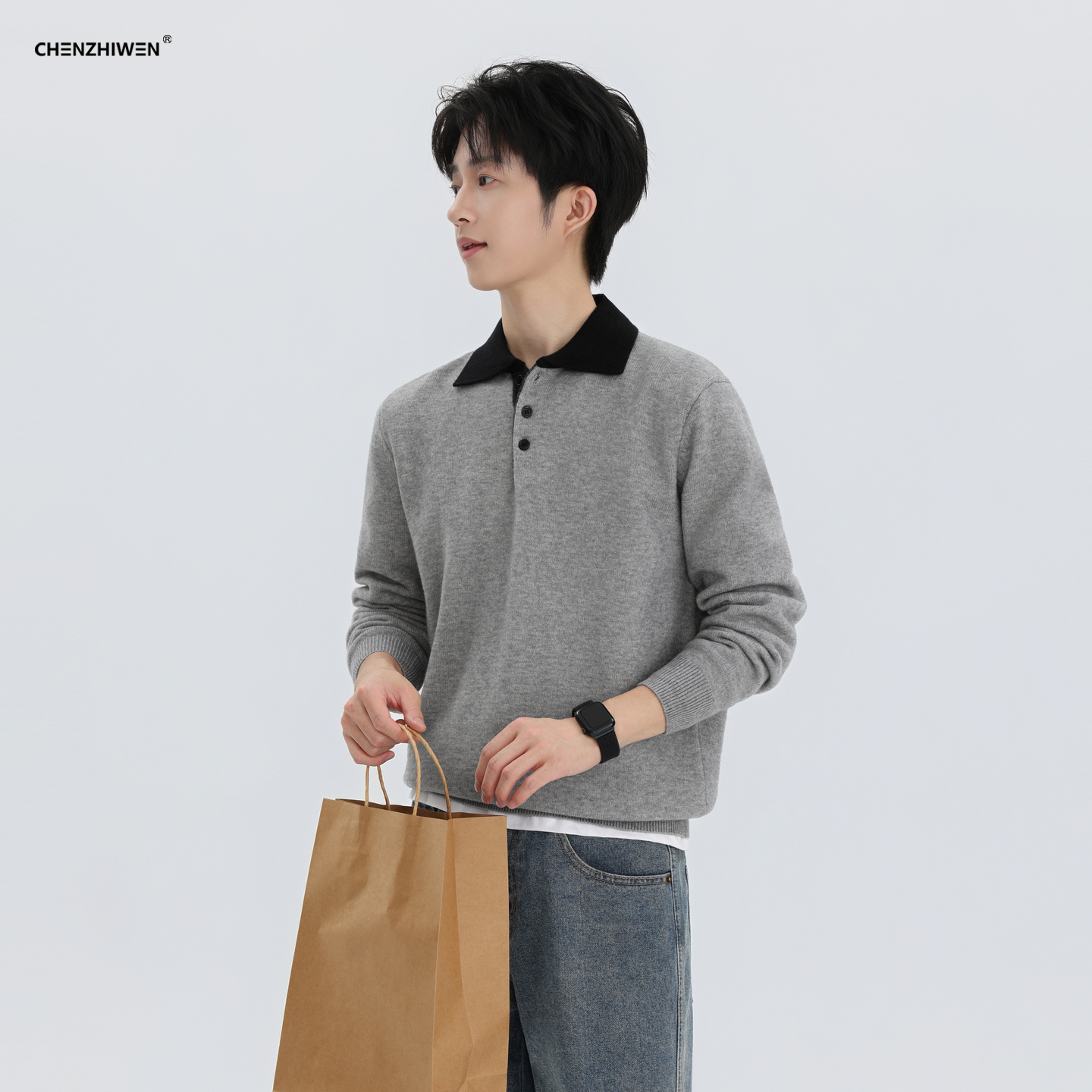 秋冬季撞色休闲百搭毛衣男Polo领上衣时尚长袖针织衫