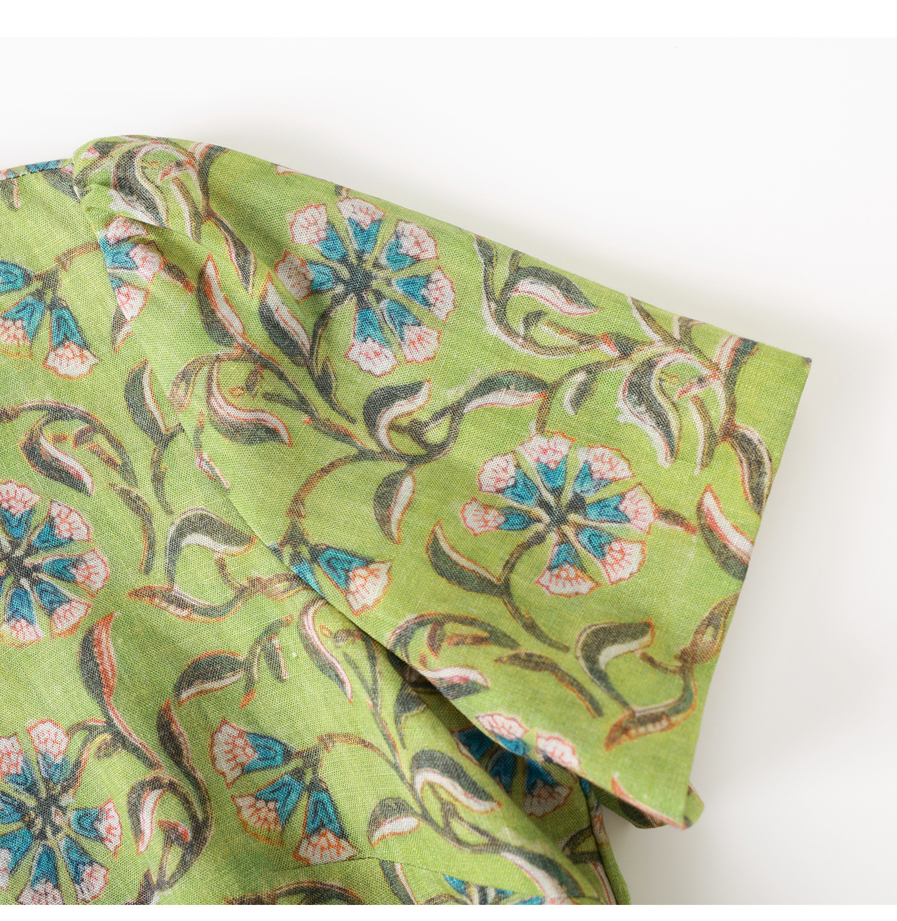 Đầm maxi nữ thắt eo tay ngắn họa tiết vintage chất lụa tơ tằm phối sợi gai — xanh lá cây chi tiết 19