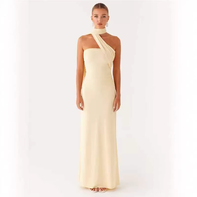 2026 Amazon Temu Aliexpress Neck-Wrap Ribbon Dress with Side Pleats and Ultra-Long Strapless Design