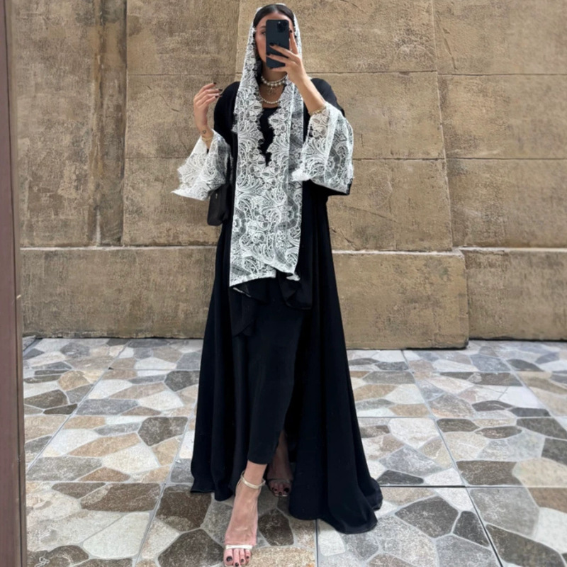 MQ262M European and American fashion women's white lace black cardigan jacket and headscarf set modest Southeast Asian Indonesian women's clothing