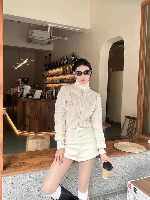 高定法式D经典菱形羊绒混纺拉链开衫针织外套女上衣|undefined