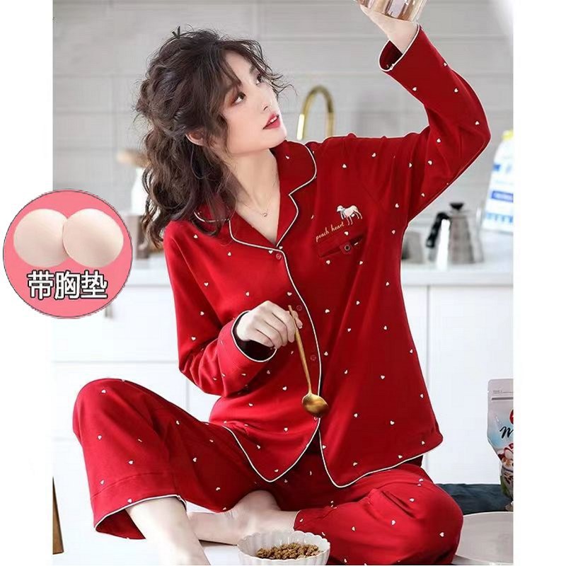 El traje de gama alta se puede usar fuera 100% pijamas de algodón para mujer primavera y otoño con almohadilla en el pecho manga larga ropa de confinamiento casual ropa para el hogar