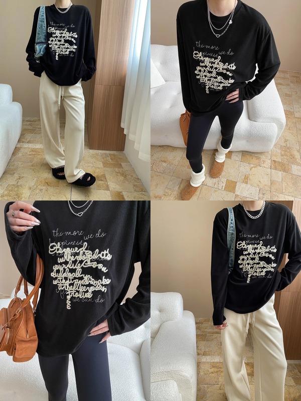 司南 早秋新款 慵懒风时髦设计感刺绣字母圆领T恤打底衫 SN7681|undefined