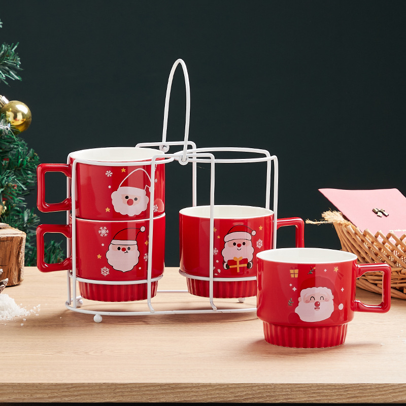 Venta caliente de alta apariencia de Navidad taza de agua Taza de cerámica con estante traje de regalo de Navidad al por mayor