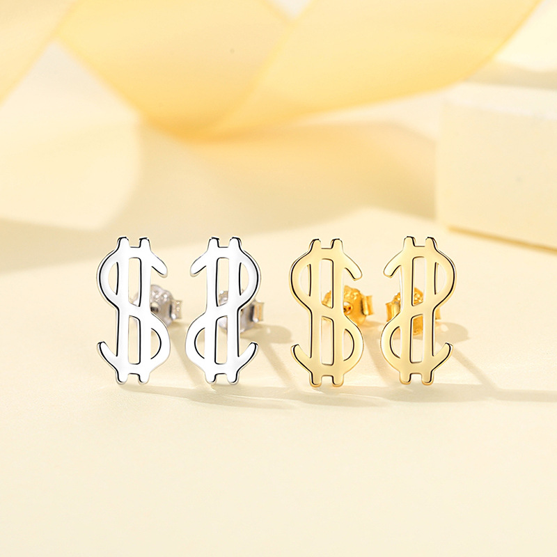 Plata esterlina s925 moneda símbolo Stud pendientes nicho diseño plata esterlina Stud pendientes nuevo personalizado Stud pendientes dormir-libre recogida