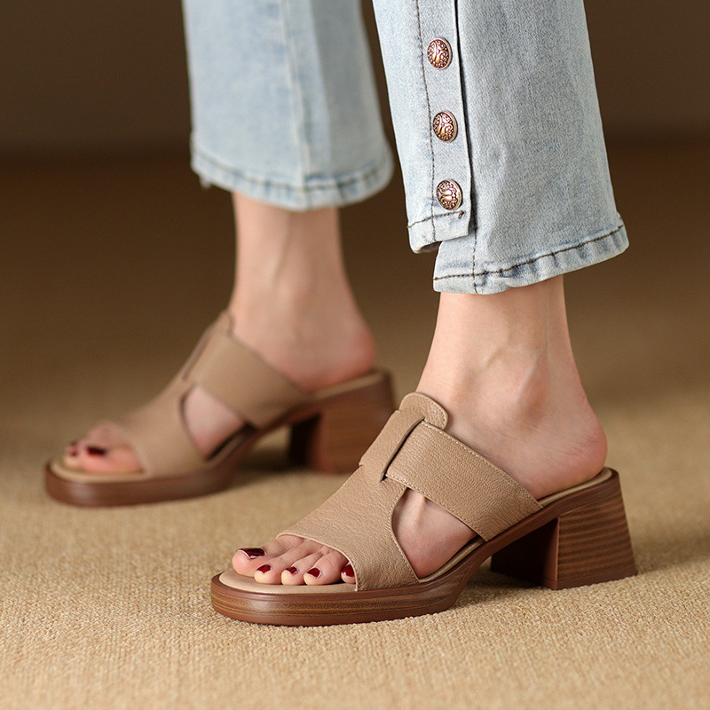 Dép sandal nữ đế dày gót vuông mũi hở 4.5 cm kiểu La Mã — đen