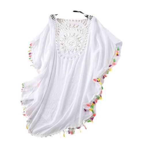 Vacation Hand Hooked Solid Color Patchwork European and American Style Beach Skirt with Small Tassels Sun Protection Short Sexy Beach Cover-up